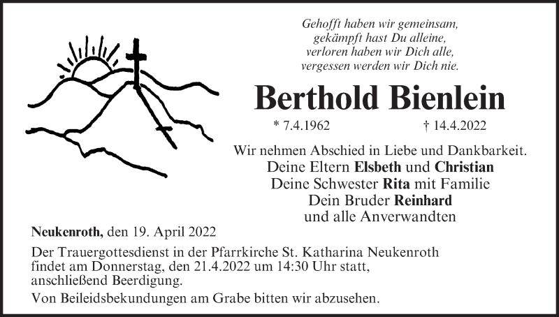 Traueranzeige für Berthold Bienlein vom 19.04.2022 aus MGO