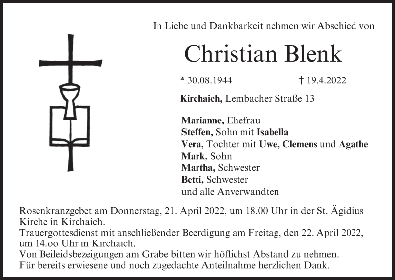  Traueranzeige für Christian Blenk vom 20.04.2022 aus MGO