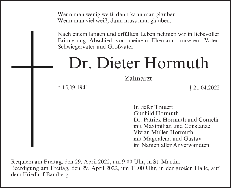  Traueranzeige für Dieter Hormuth vom 23.04.2022 aus MGO