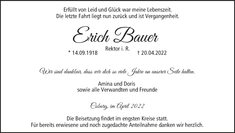  Traueranzeige für Erich Bauer vom 23.04.2022 aus MGO