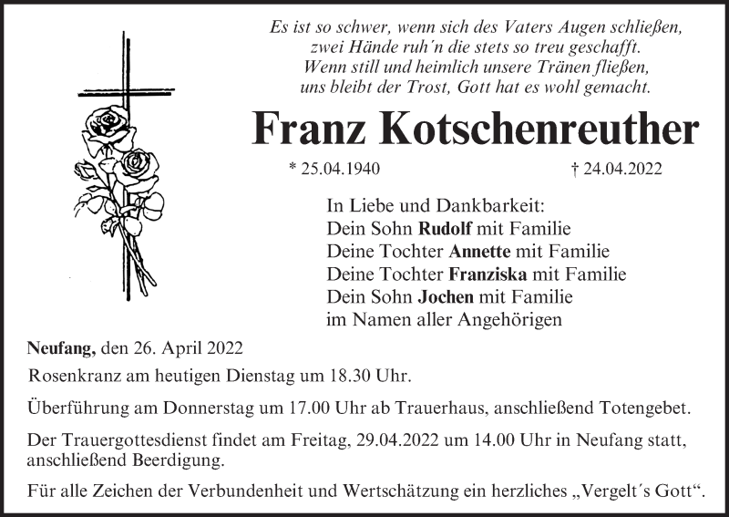  Traueranzeige für Franz Kotschenreuther vom 26.04.2022 aus MGO