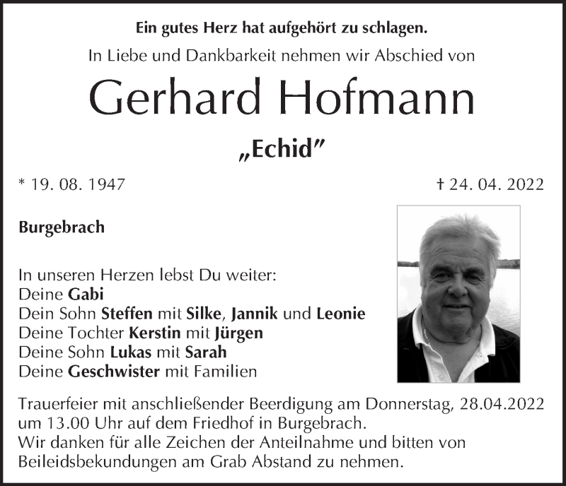  Traueranzeige für Gerhard Hofmann vom 26.04.2022 aus MGO