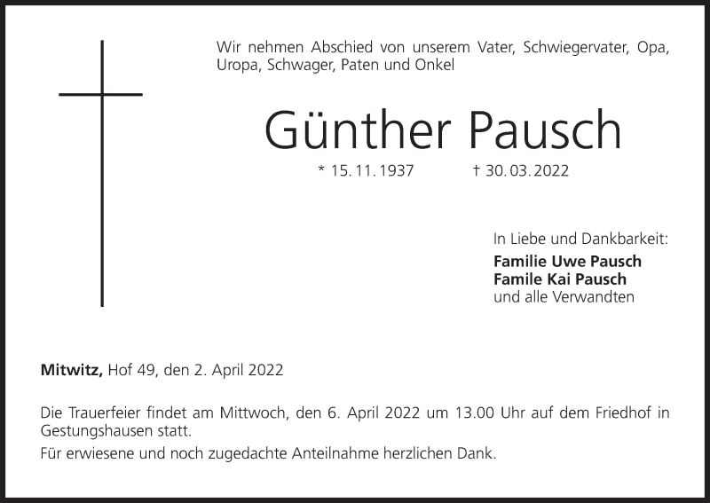  Traueranzeige für Günther Pausch vom 02.04.2022 aus MGO