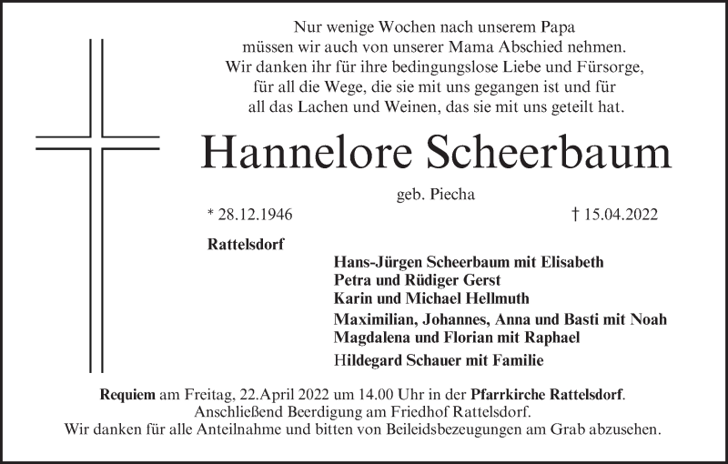 Traueranzeige für Hannelore Scheerbaum vom 19.04.2022 aus MGO