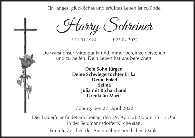  Traueranzeige für Harry Schreiner vom 27.04.2022 aus MGO