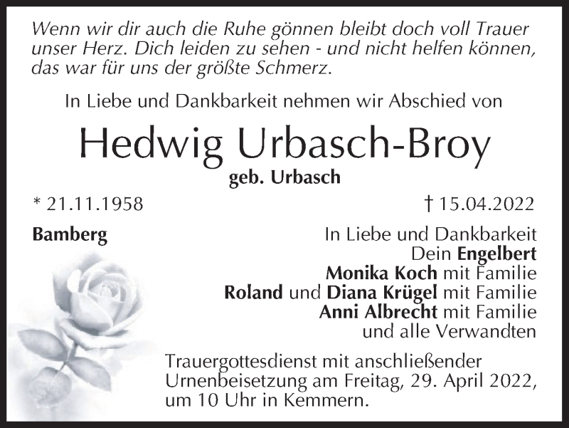  Traueranzeige für Hedwig Urbasch-Broy vom 23.04.2022 aus MGO