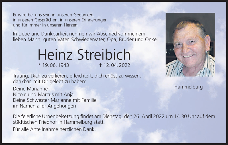  Traueranzeige für Heinz Streibich vom 22.04.2022 aus MGO
