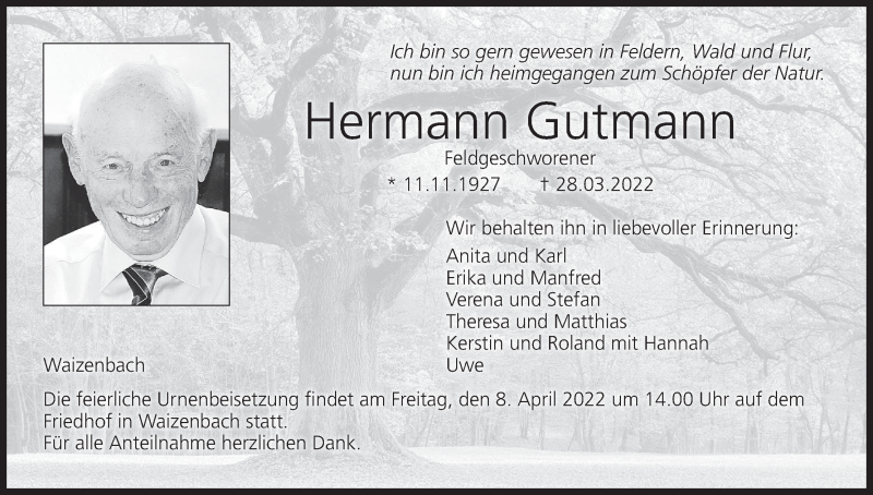  Traueranzeige für Hermann Gutmann vom 02.04.2022 aus MGO