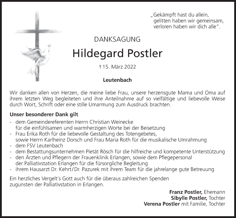  Traueranzeige für Hildegard Postler vom 16.04.2022 aus MGO