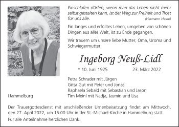 Anzeige von Ingeborg Neuß-Lidl von MGO