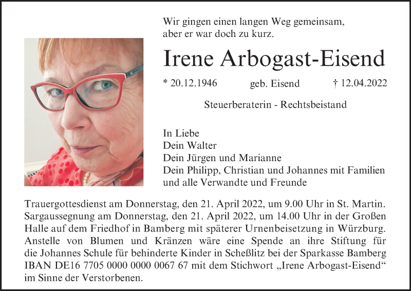  Traueranzeige für Irene Arbogast-Eisend vom 20.04.2022 aus MGO