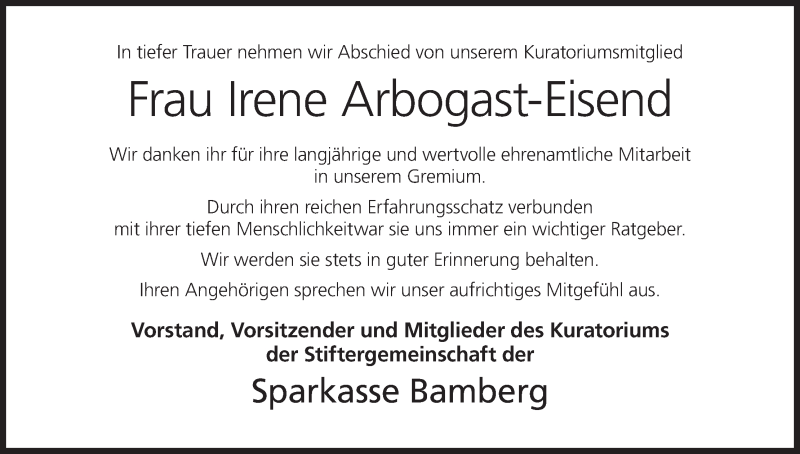  Traueranzeige für Irene Arbogast-Eisend vom 21.04.2022 aus MGO