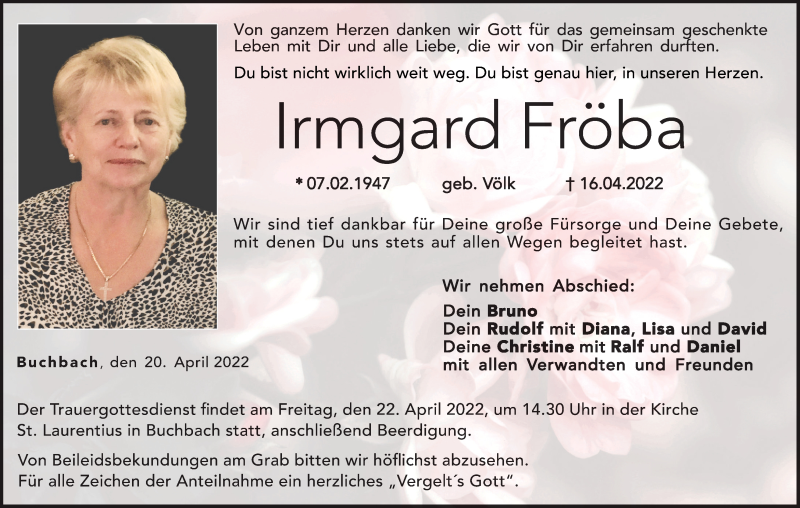  Traueranzeige für Irmgard Fröba vom 20.04.2022 aus MGO