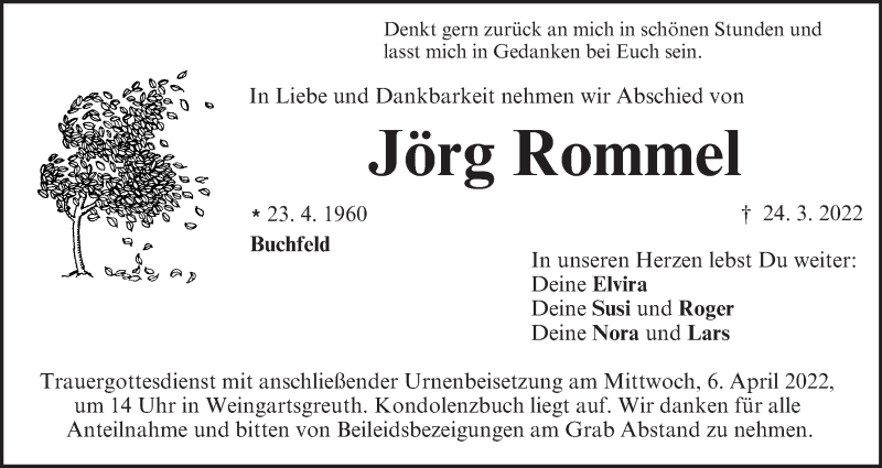  Traueranzeige für Jörg Rommel vom 02.04.2022 aus MGO