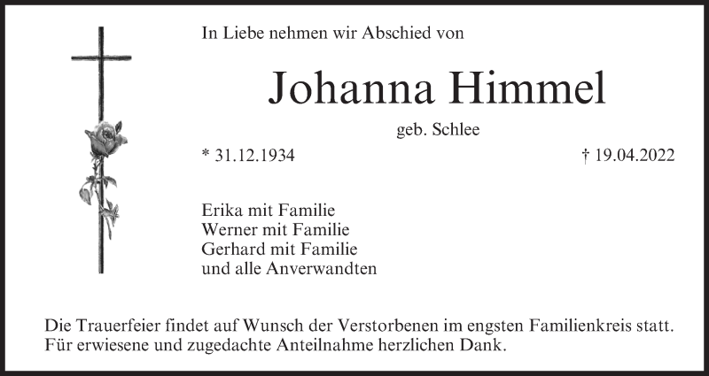 Traueranzeige für Johanna Himmel vom 23.04.2022 aus MGO