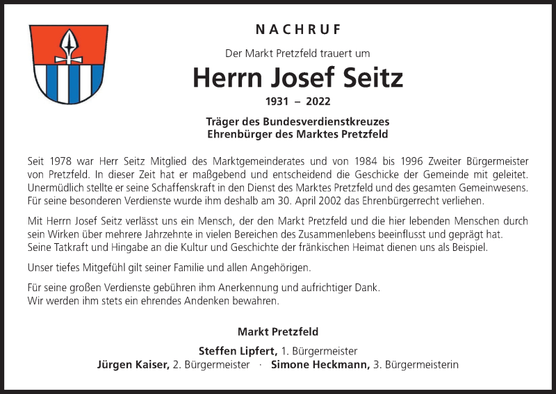  Traueranzeige für Josef Seitz vom 16.04.2022 aus MGO