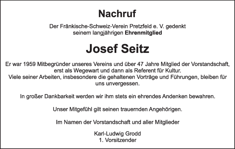  Traueranzeige für Josef Seitz vom 16.04.2022 aus MGO