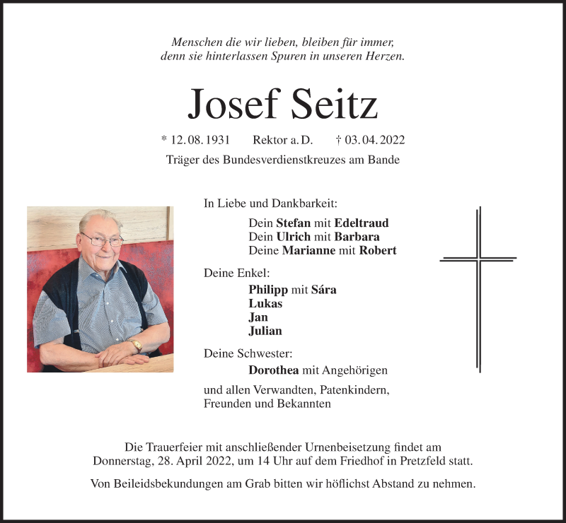  Traueranzeige für Josef Seitz vom 16.04.2022 aus MGO