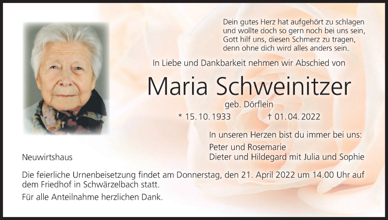  Traueranzeige für Maria Schweinitzer vom 16.04.2022 aus MGO