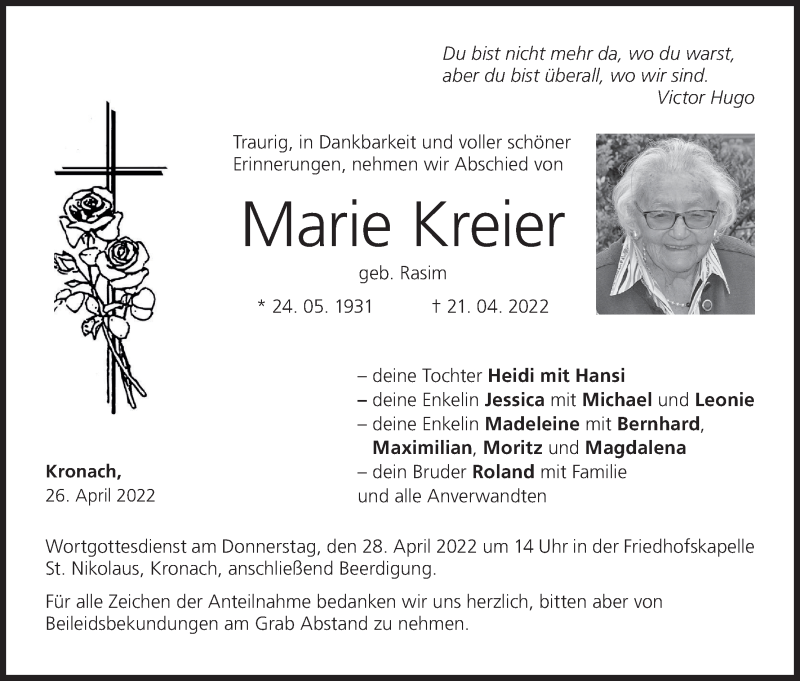  Traueranzeige für Marie Kreier vom 26.04.2022 aus MGO