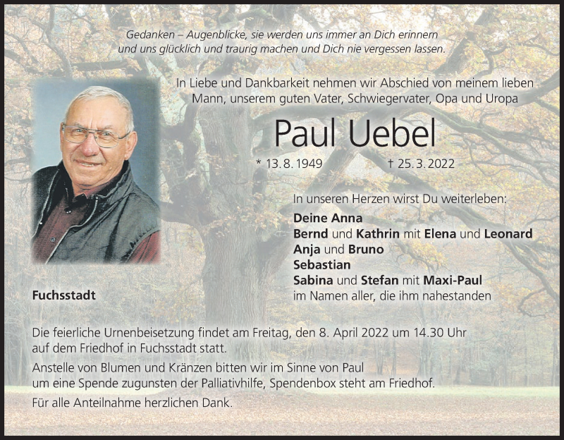  Traueranzeige für Paul Uebel vom 02.04.2022 aus MGO