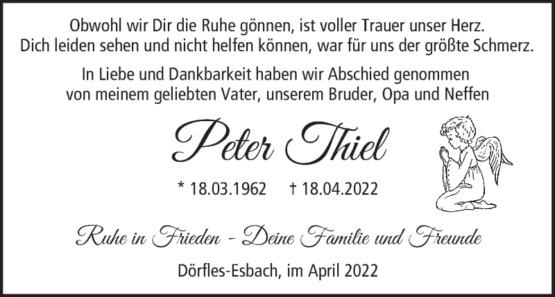  Traueranzeige für Peter Thiel vom 28.04.2022 aus MGO