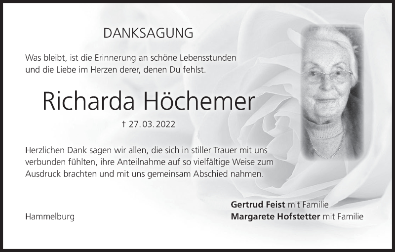  Traueranzeige für Richarda Höchemer vom 23.04.2022 aus MGO