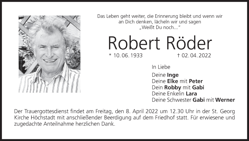  Traueranzeige für Robert Röder vom 05.04.2022 aus MGO