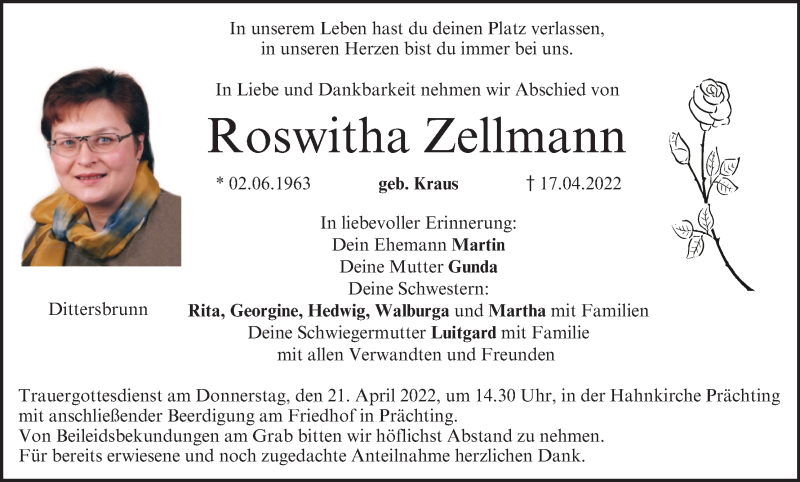  Traueranzeige für Roswitha Zellmann vom 20.04.2022 aus MGO