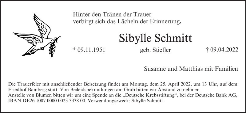 Traueranzeige für Sibylle Schmitt vom 23.04.2022 aus MGO