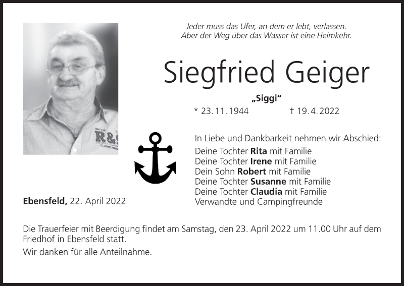 Siegfried Geiger | Traueranzeige | trauer.inFranken.de