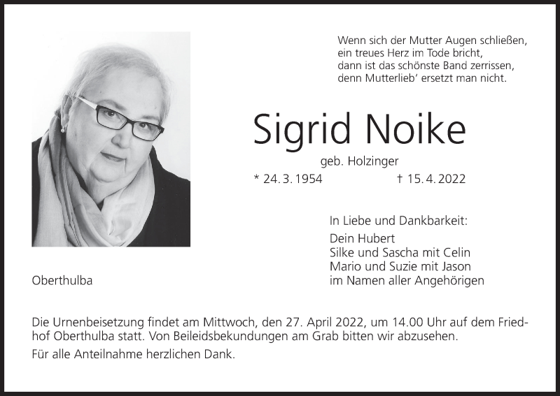  Traueranzeige für Sigrid Noike vom 23.04.2022 aus MGO