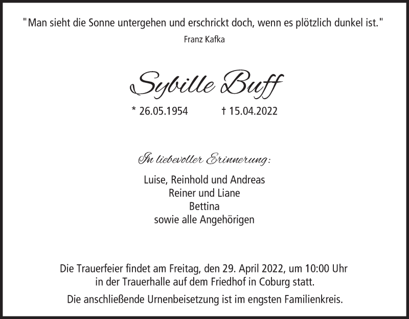 Traueranzeige für Sybille Buff vom 23.04.2022 aus MGO
