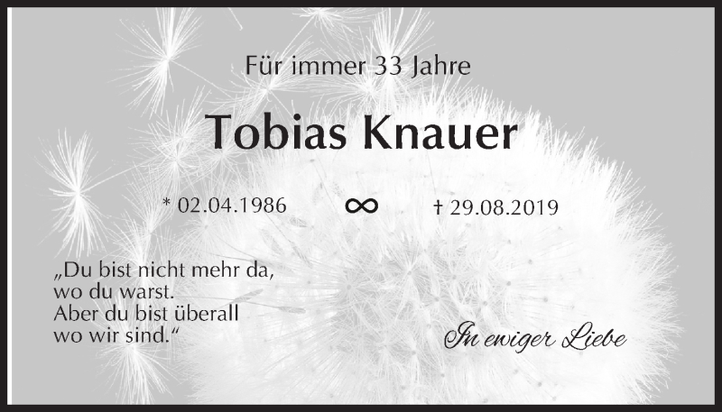  Traueranzeige für Tobias Knauer vom 02.04.2022 aus MGO