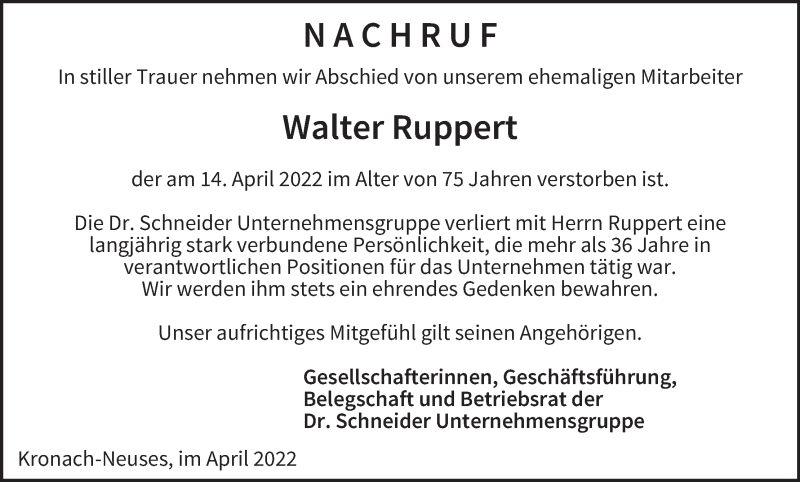  Traueranzeige für Walter Ruppert vom 29.04.2022 aus MGO
