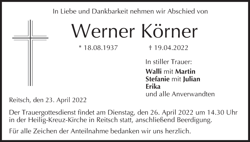  Traueranzeige für Werner Körner vom 23.04.2022 aus MGO