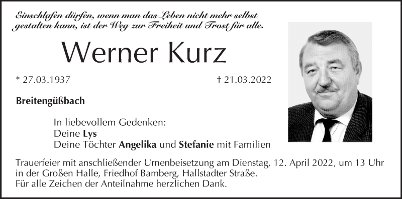 Traueranzeige für Werner Kurz vom 09.04.2022 aus MGO