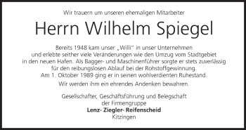 Anzeige von Wilhelm Spiegel von MGO