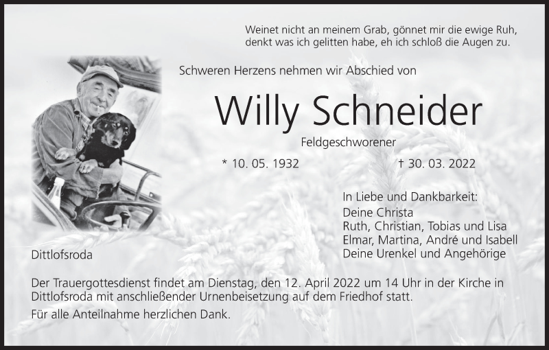  Traueranzeige für Willy Schneider vom 08.04.2022 aus MGO