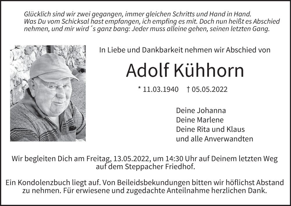  Traueranzeige für Adolf Kühhorn vom 11.05.2022 aus MGO
