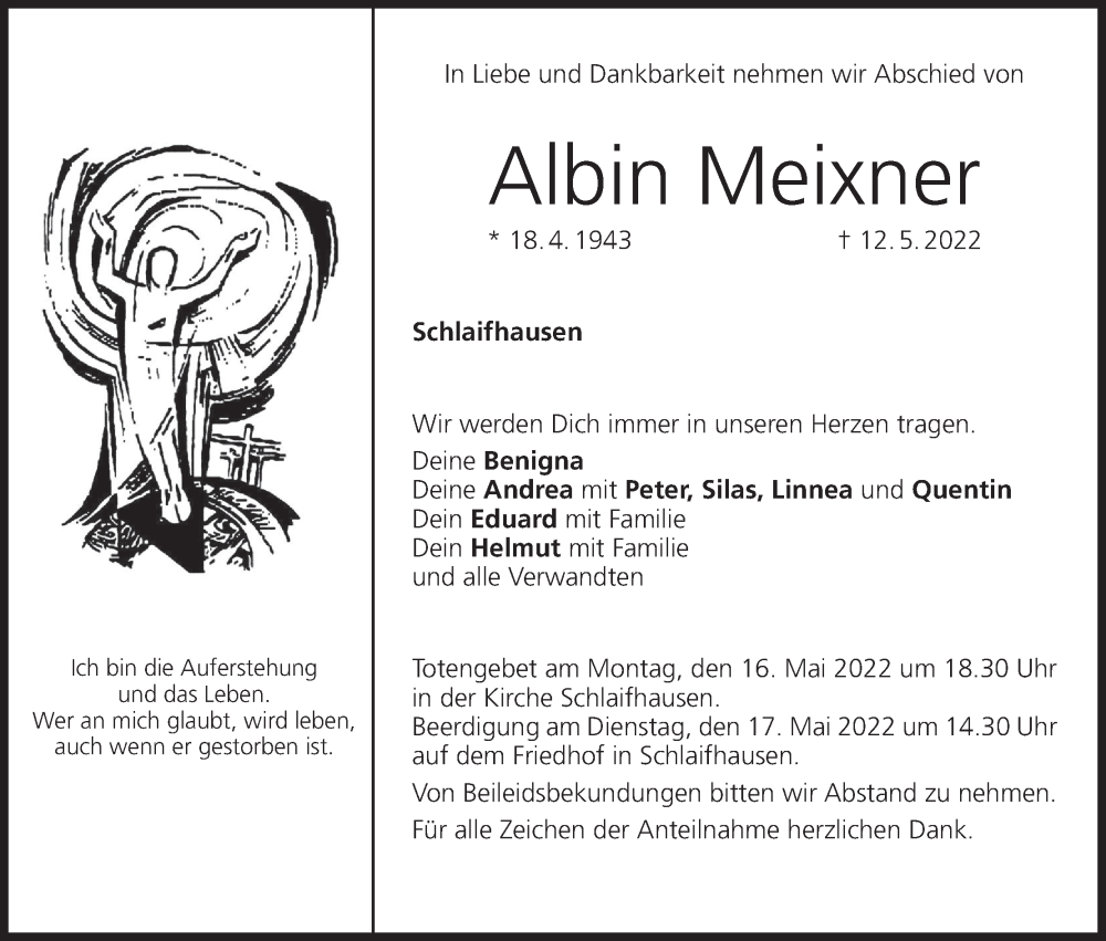  Traueranzeige für Albin Meixner vom 14.05.2022 aus MGO