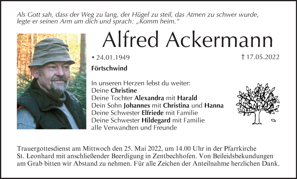  Traueranzeige für Alfred Ackermann vom 21.05.2022 aus MGO