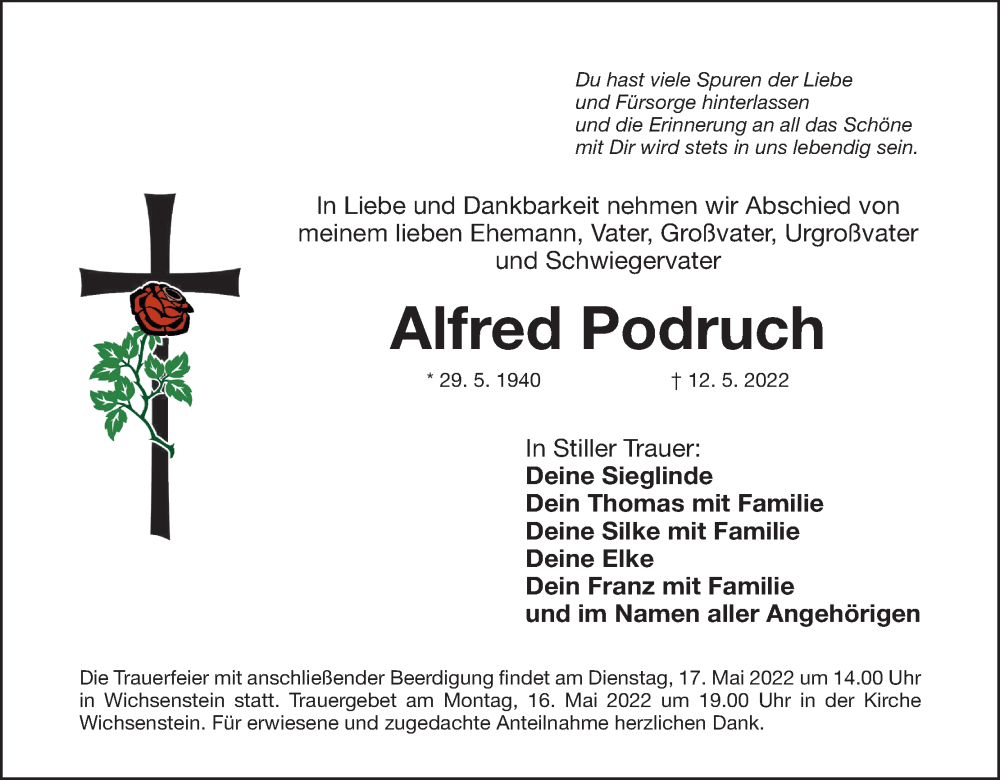  Traueranzeige für Alfred Podruch vom 14.05.2022 aus MGO