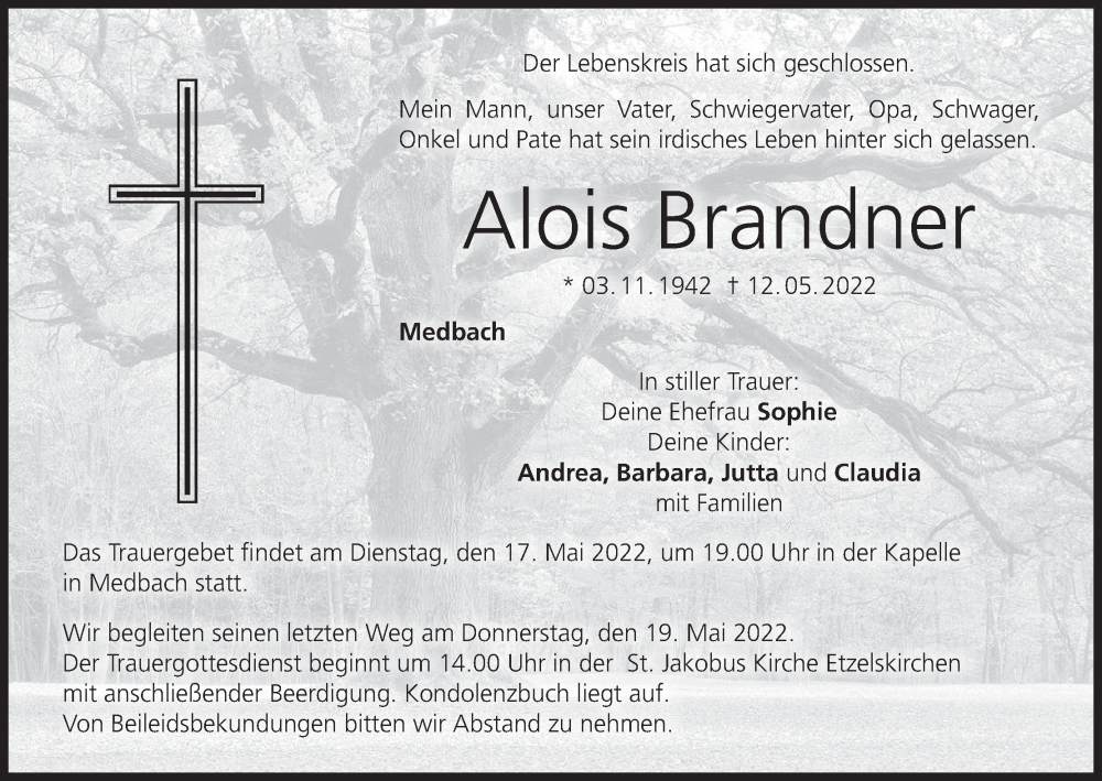  Traueranzeige für Alois Brandner vom 14.05.2022 aus MGO