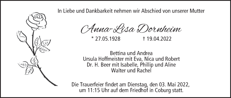  Traueranzeige für Anna-Lisab Dornheim vom 30.04.2022 aus MGO