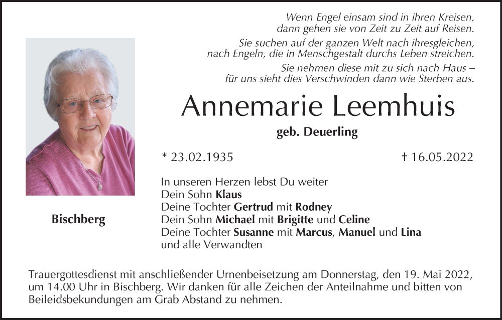  Traueranzeige für Annemarie Leemhuis vom 18.05.2022 aus MGO