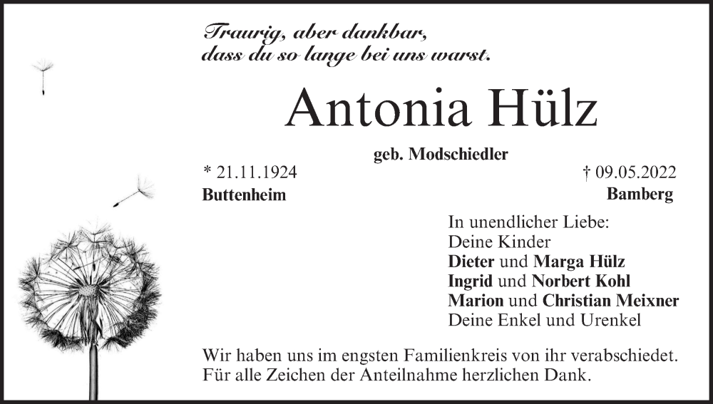  Traueranzeige für Antonia Hülz vom 21.05.2022 aus MGO