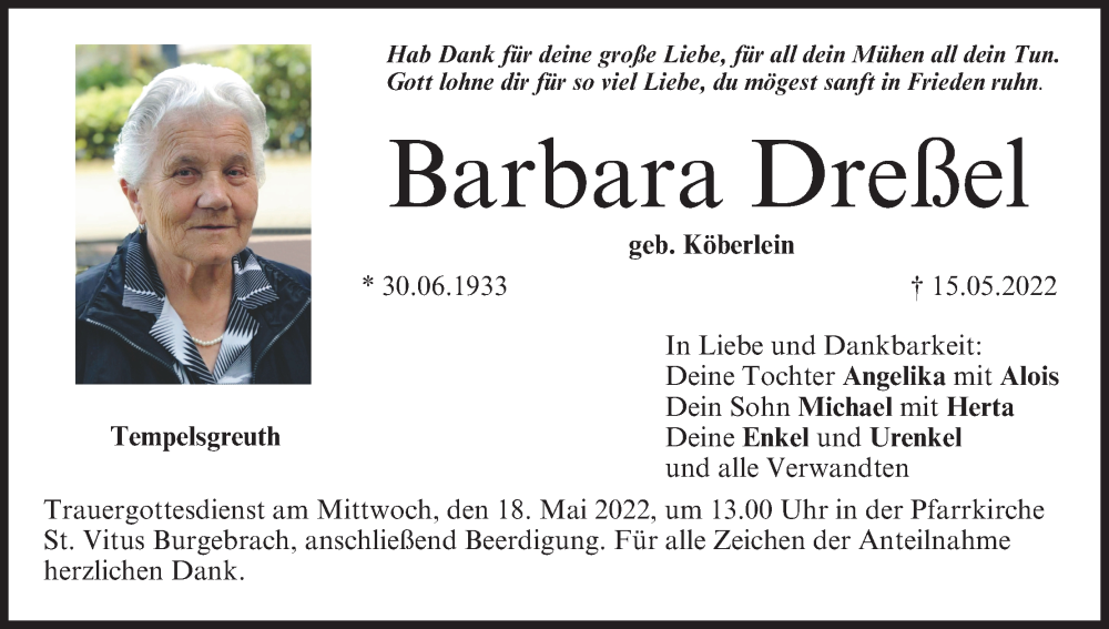  Traueranzeige für Barbara Dreßel vom 17.05.2022 aus MGO