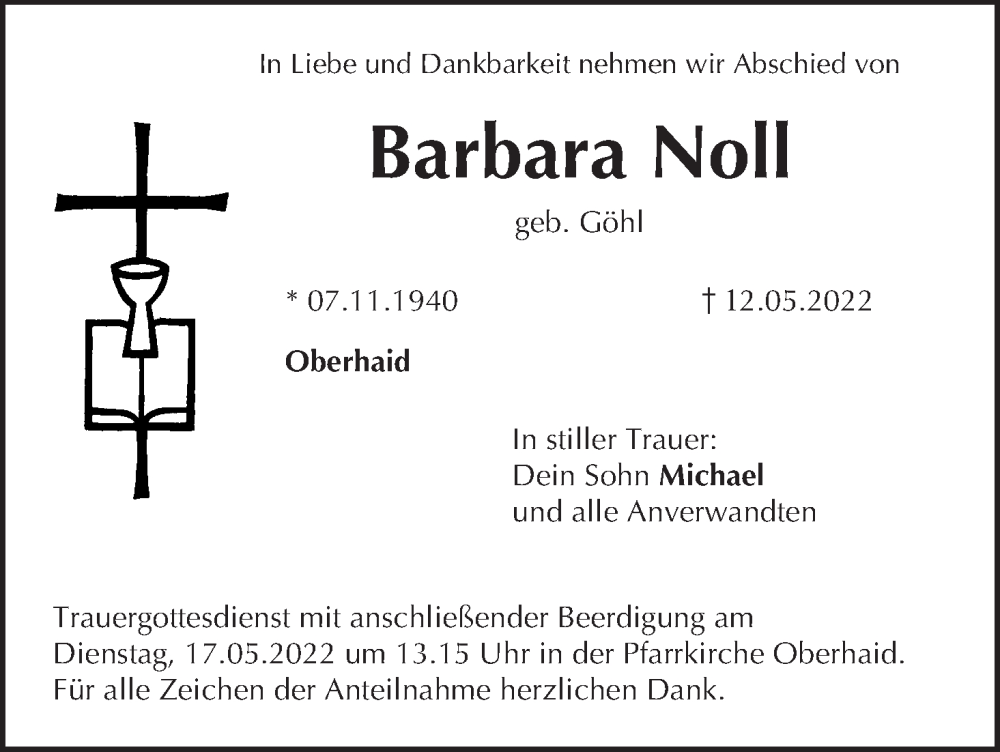  Traueranzeige für Barbara Noll vom 14.05.2022 aus MGO