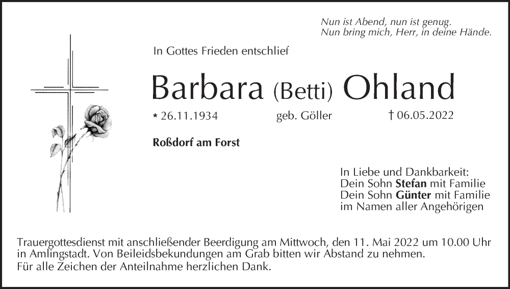  Traueranzeige für Barbara Ohland vom 10.05.2022 aus MGO